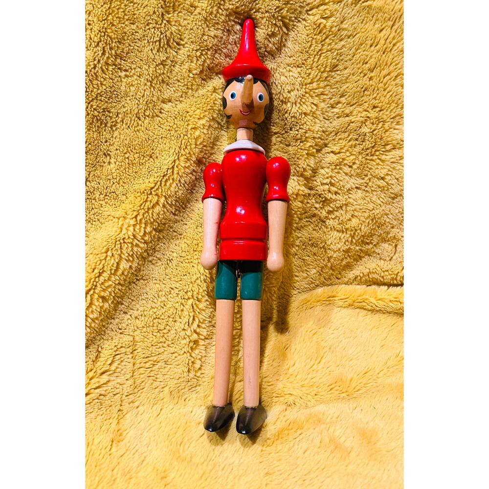 Vintage Wooden Pinocchio Jointed Moveable Doll Figurine 14" Red Black Painted